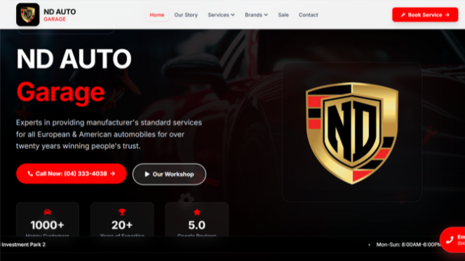 ND Auto Garage website - automotive service and repair business platform